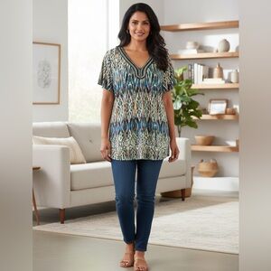 I N Studio Yellow Blue beaded Blouse abstract XL spandex short sleeve V Neck